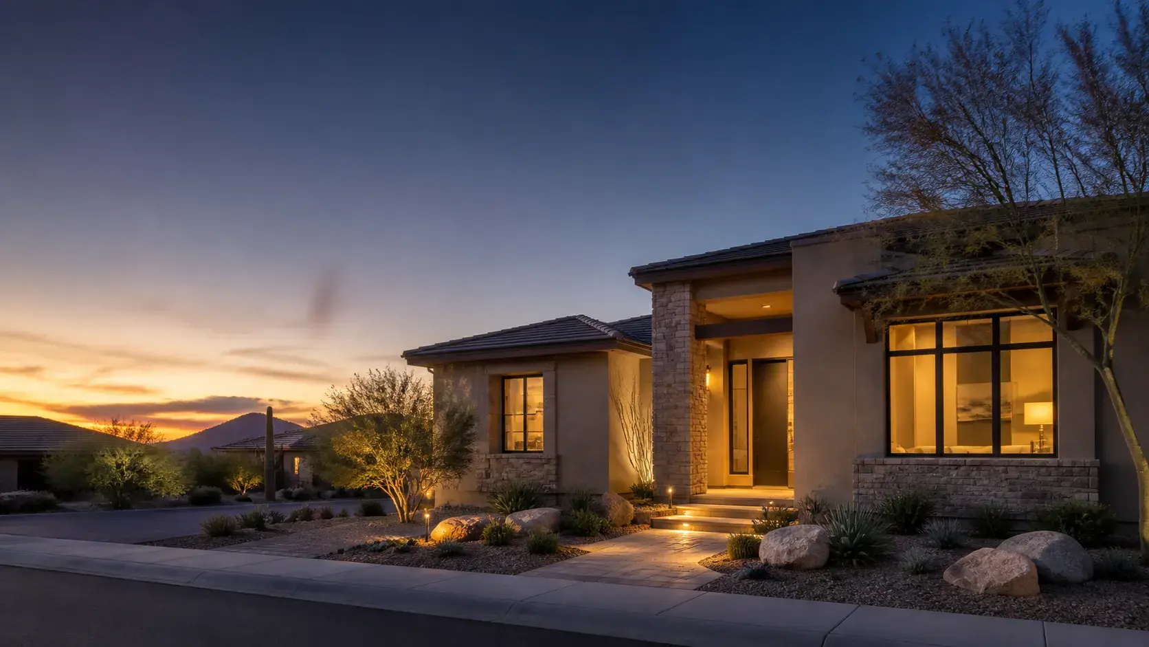 Contemporary home at sunset