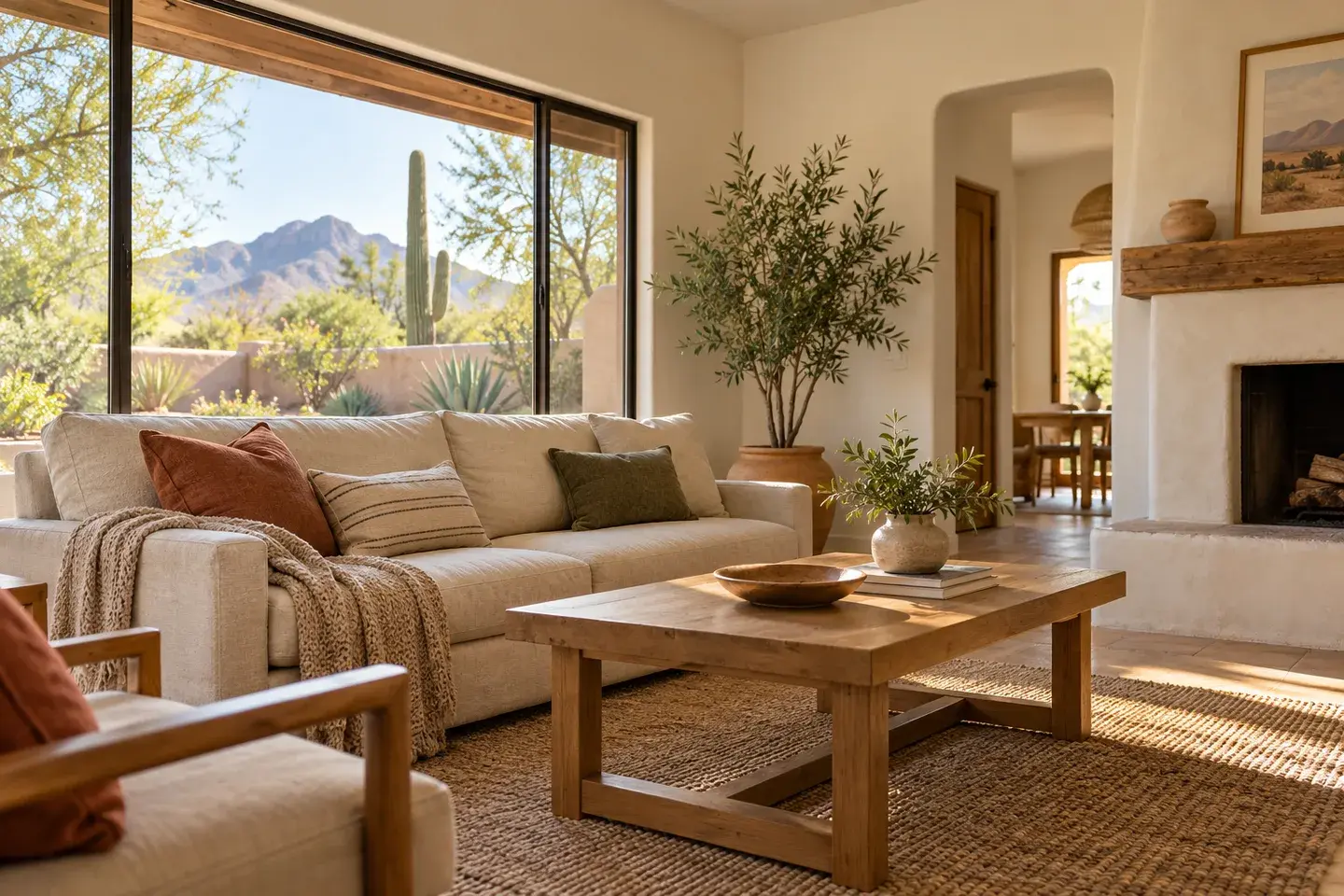 Sunlit living room with natural wood furniture and views of a desert garden