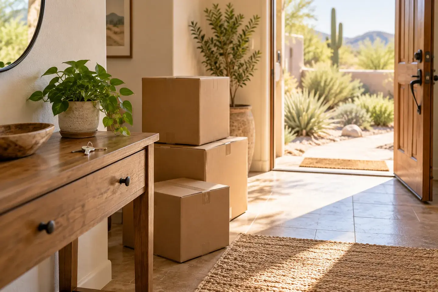 Moving boxes and house keys beside an open, sunlit doorway